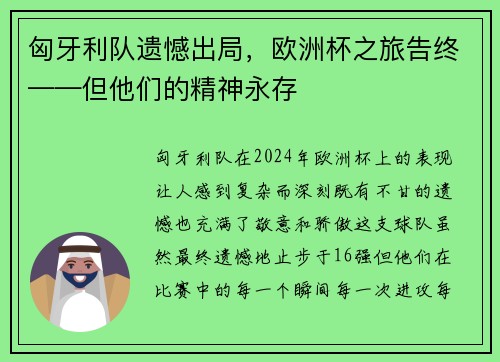 匈牙利队遗憾出局，欧洲杯之旅告终——但他们的精神永存