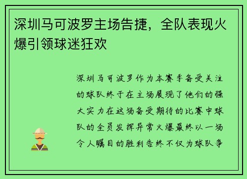 深圳马可波罗主场告捷，全队表现火爆引领球迷狂欢