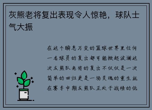 灰熊老将复出表现令人惊艳，球队士气大振